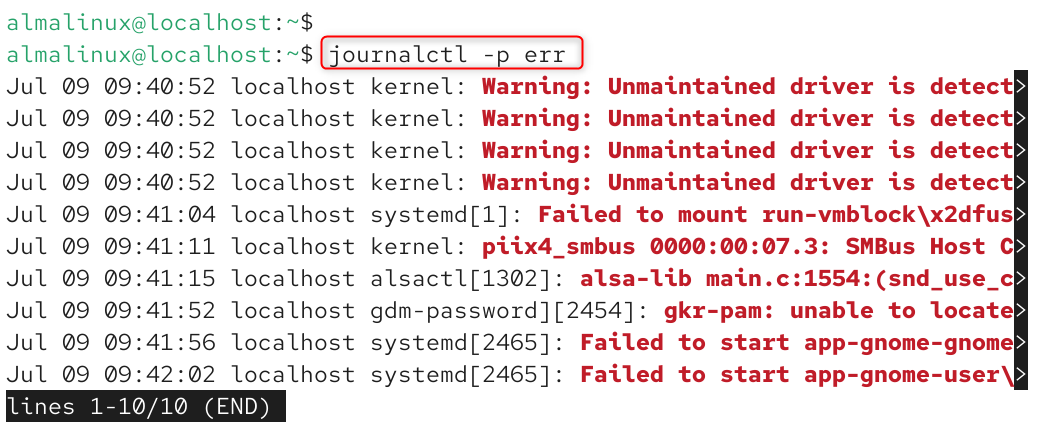   journalctl -p err
