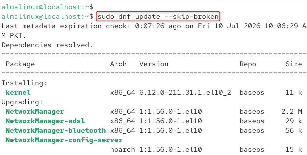 sudo dnf update --skip-broken