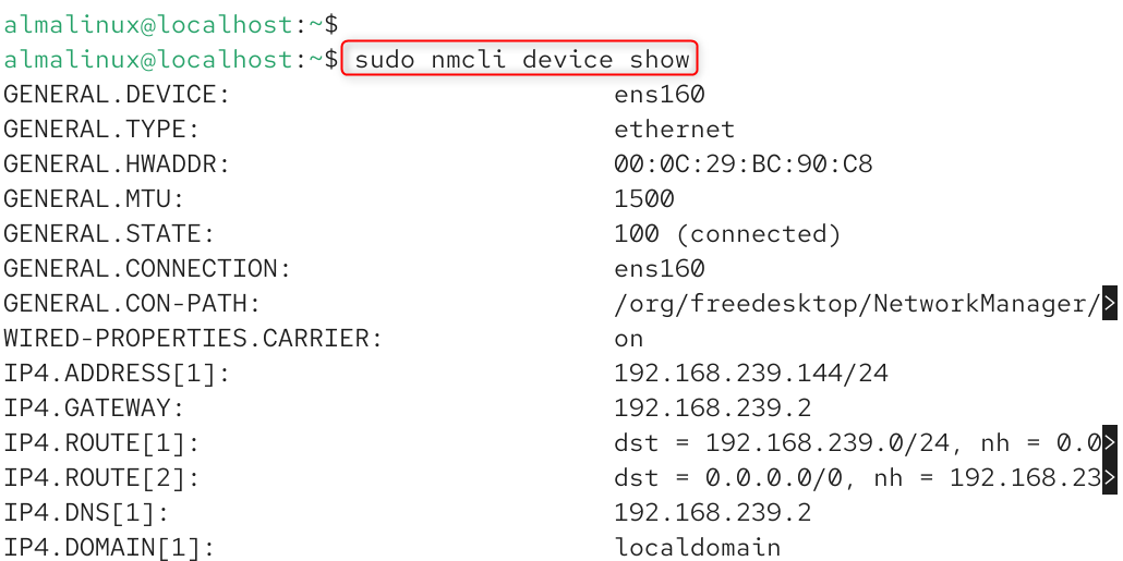 sudo nmcli device show
