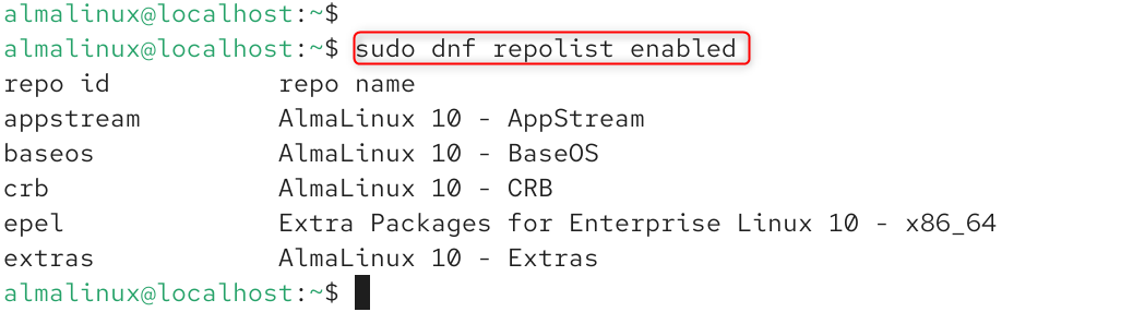 sudo dnf repolist enabled