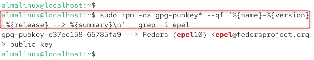 sudo rpm -qa gpg-pubkey* --qf '%{name}-%{version}-%{release} --> %{summary}\n' | grep -i epel