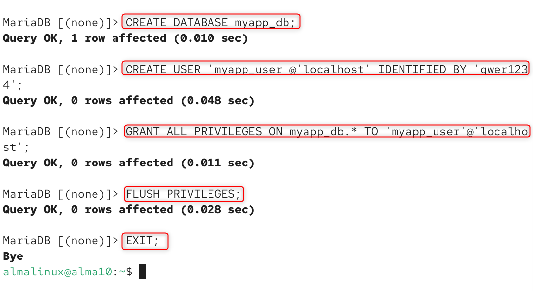 create a database and user