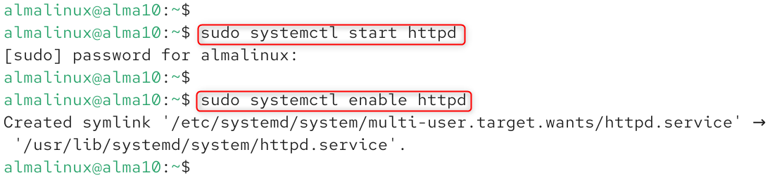 start and enable apache