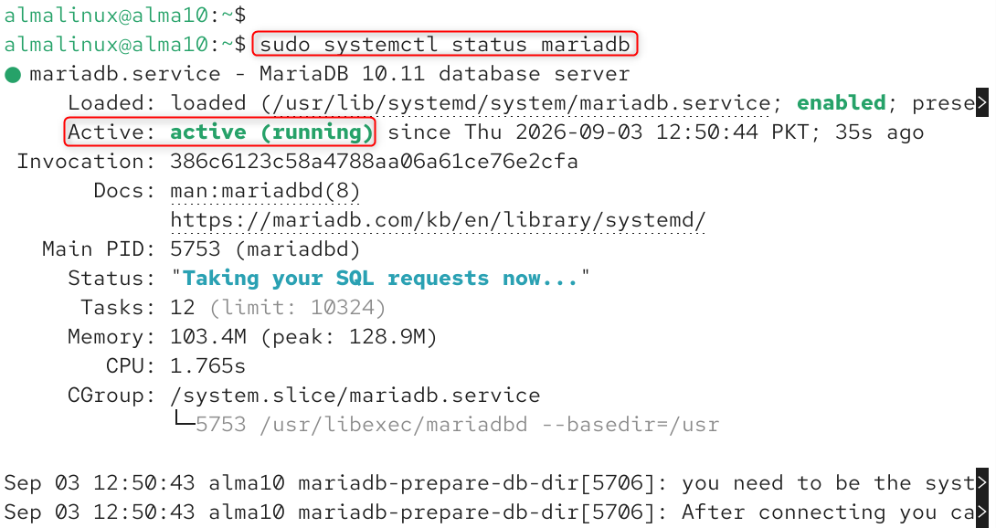 check mariadb status