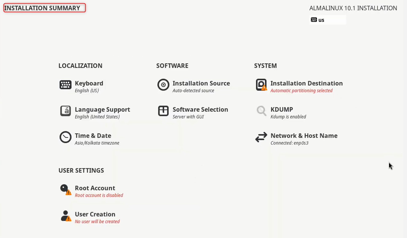 almalinux 10 installation summary