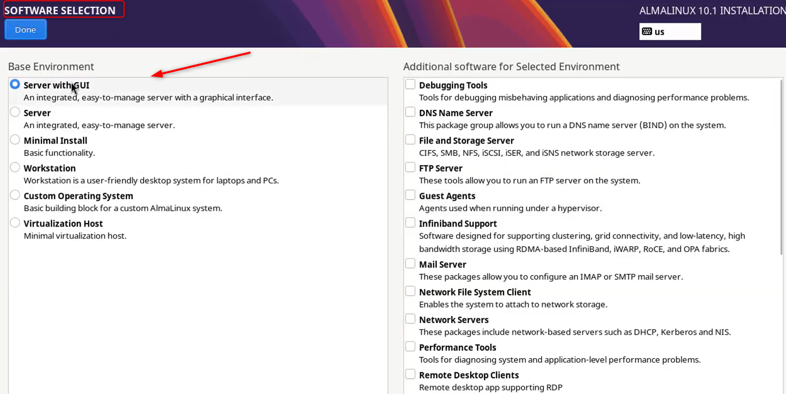 choose server with gui for installation