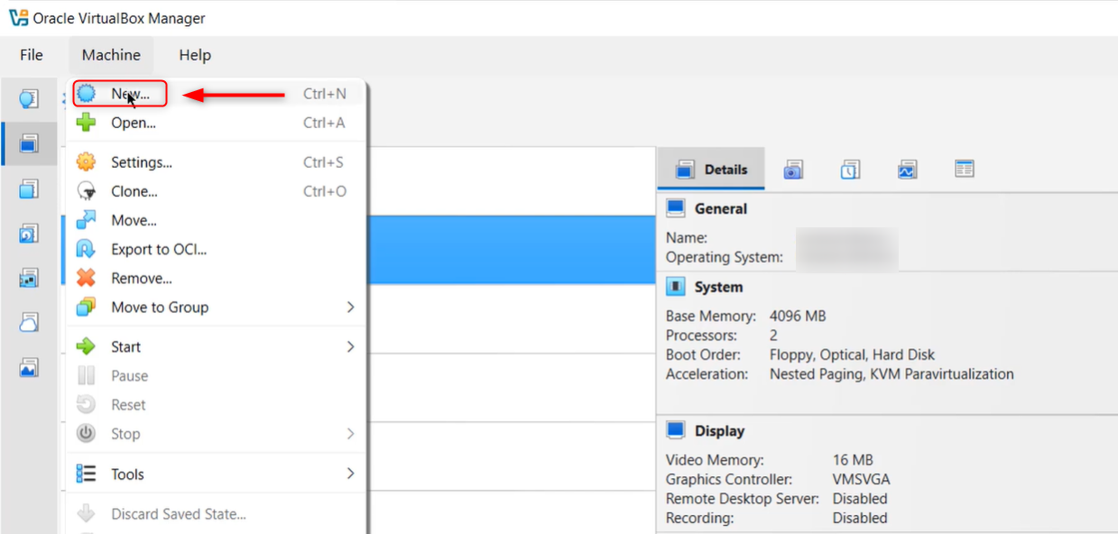 create new VM in VirtualBox