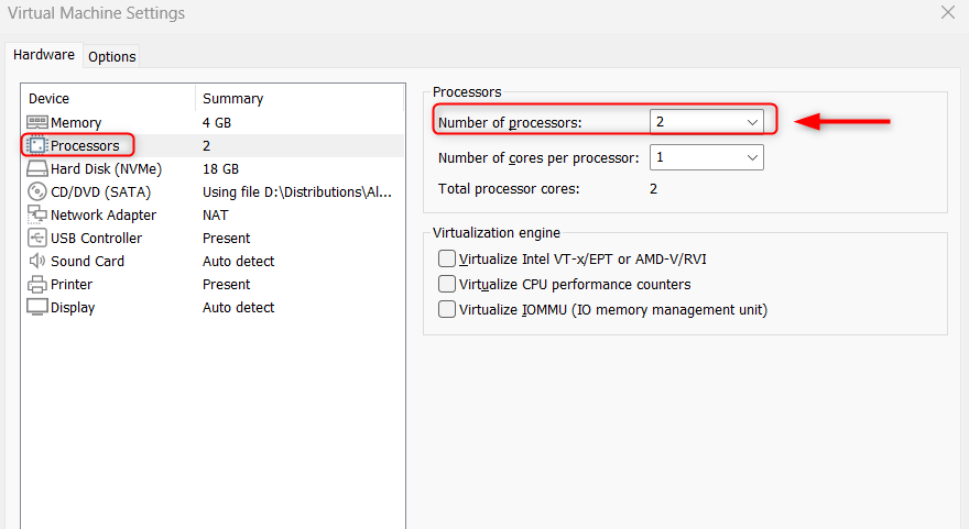 choose no. of processors for vm