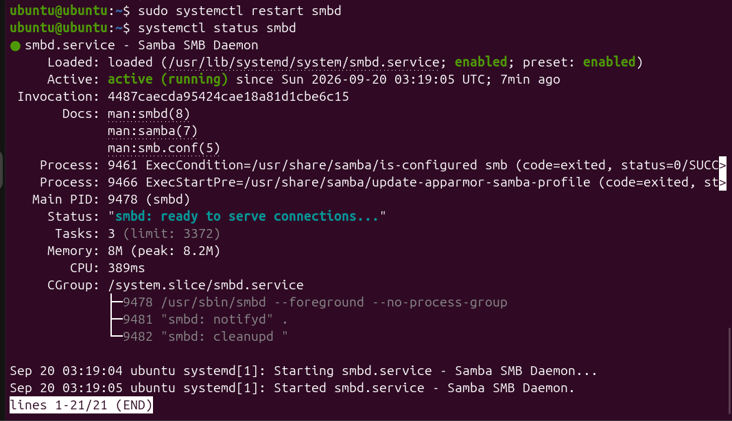 restart and check samba status