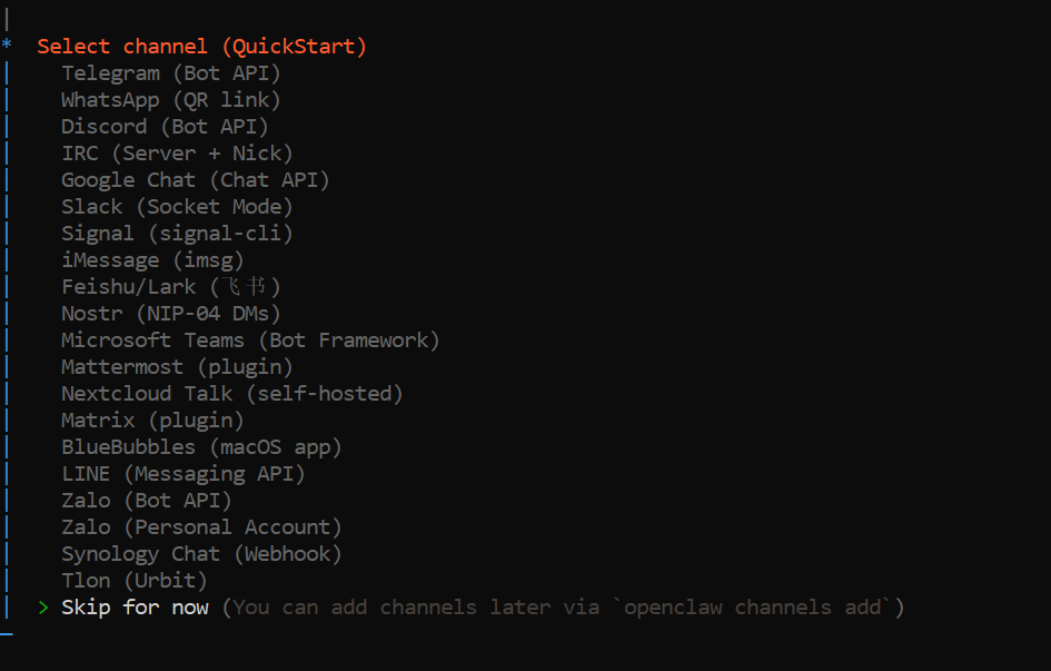 select channel for communication with openclaw