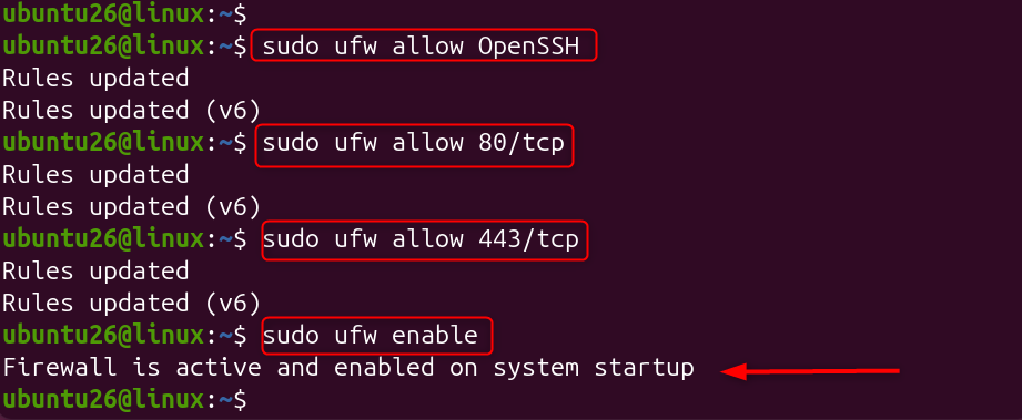 setup ufw firewall for openssh, tcp and https