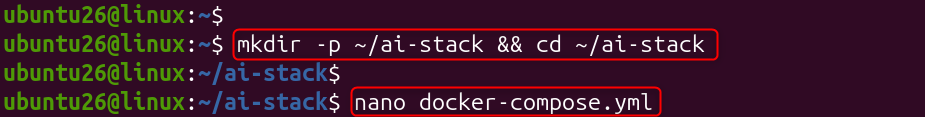 create new directory and open docker compose configuration file in nano editor