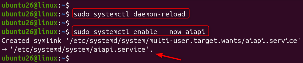 Ubuntu terminal showing commands to reload systemctl daemon and enable aiapi service