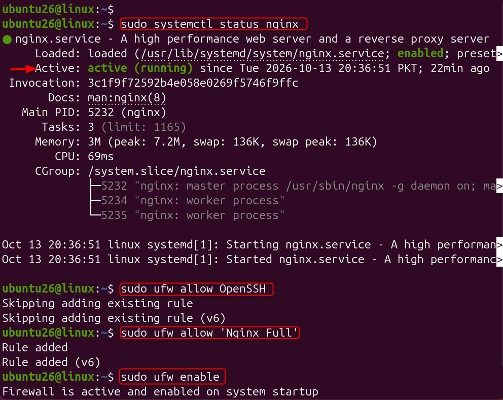 Nginx status active and running on Ubuntu, showing systemctl and ufw commands.