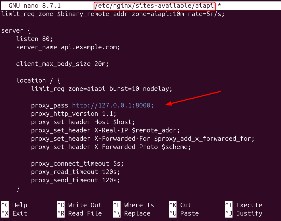Nginx configuration for AI API deployment on Ubuntu with Python