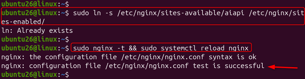 Ubuntu terminal showing Nginx configuration test and reload commands for AI API deployment.