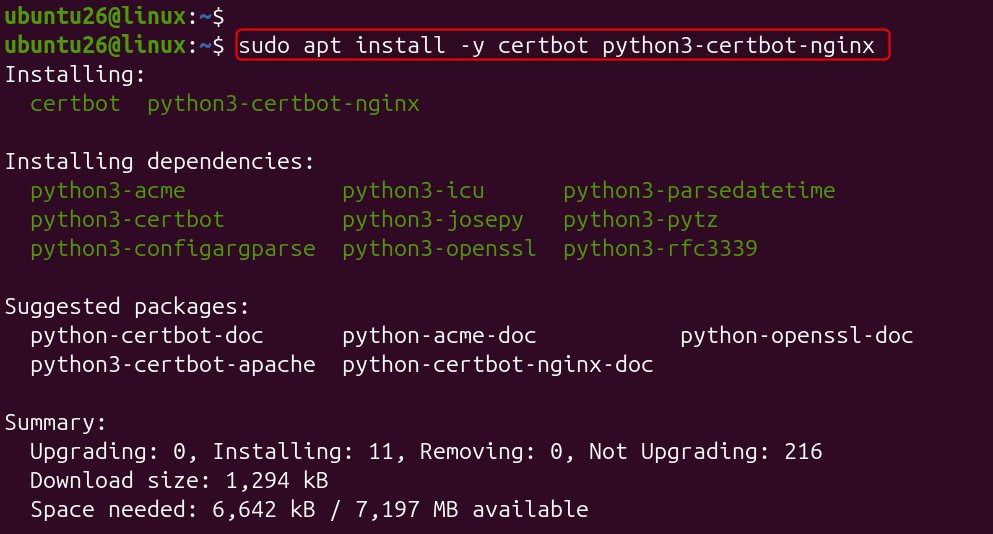 Ubuntu terminal showing apt install command for certbot python3-certbot-nginx