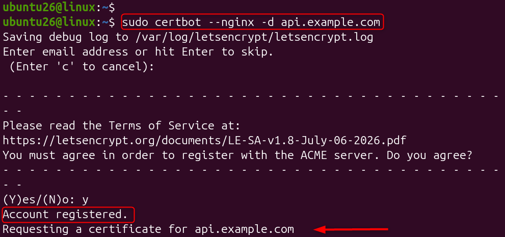 Certbot command to register API certificate for api.example.com on Ubuntu.