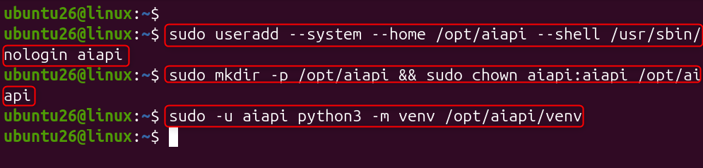 Ubuntu terminal showing commands to create user, directory, and virtual environment for AI API deployment.