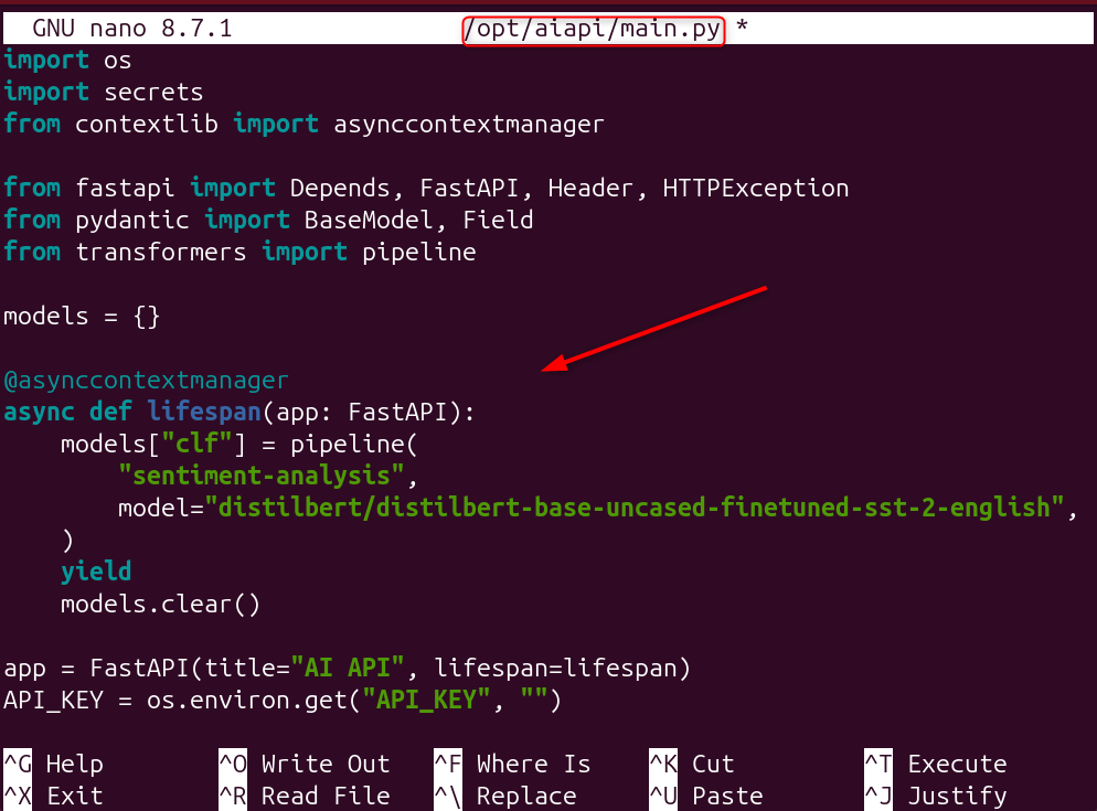 Python code for AI API deployment using FastAPI on Ubuntu