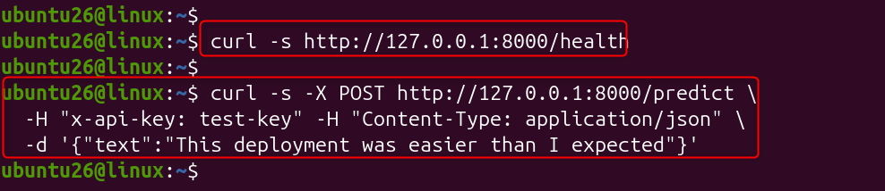 Ubuntu terminal showing curl commands for AI API deployment with Python and Nginx.
