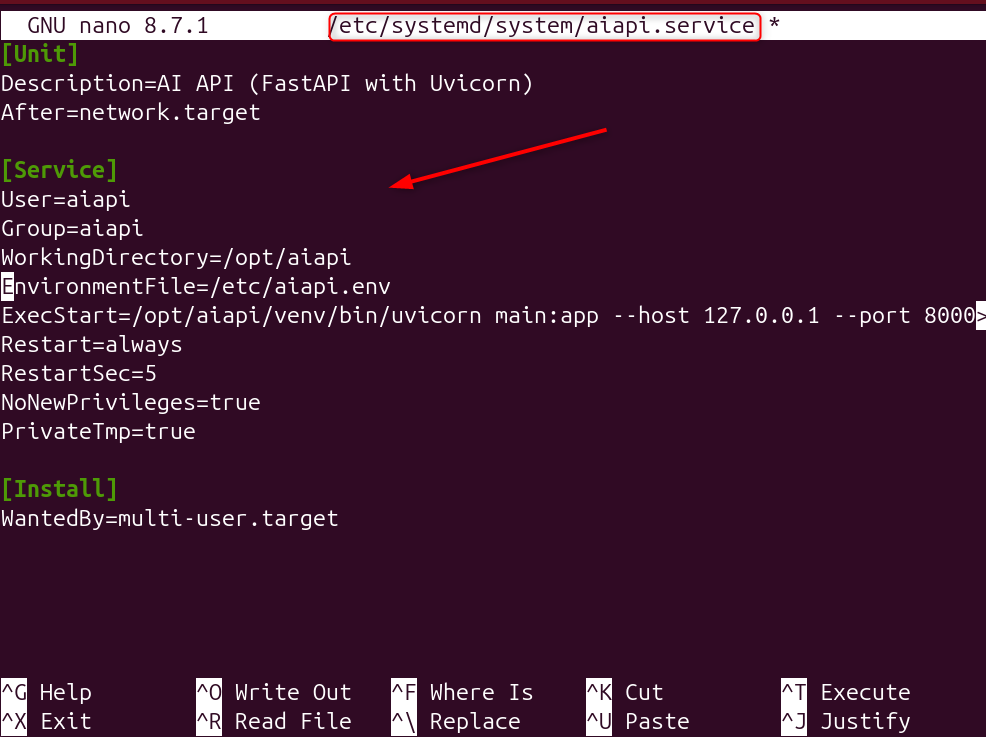 Ubuntu systemd service file configuration for AI API deployment using Python and Uvicorn