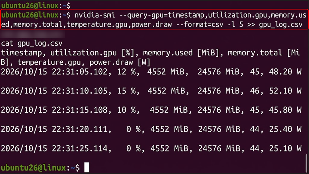 Terminal displaying GPU performance logs exported to a CSV file