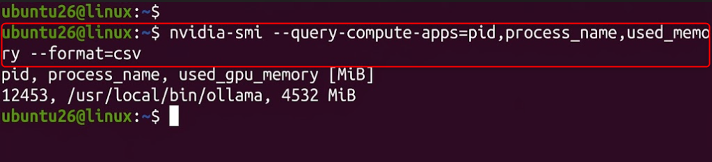 Terminal displaying GPU process list and VRAM usage in CSV format