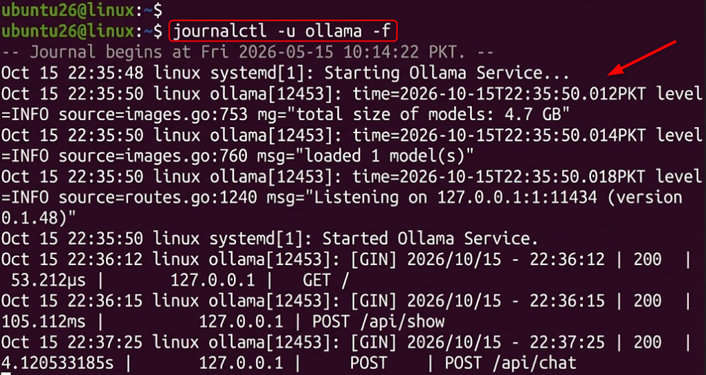 Terminal displaying live Ollama service logs using journalctl