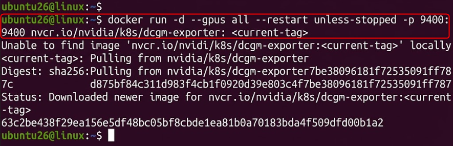 Terminal output showing a Docker command to run the NVIDIA DCGM Exporter container with GPU support