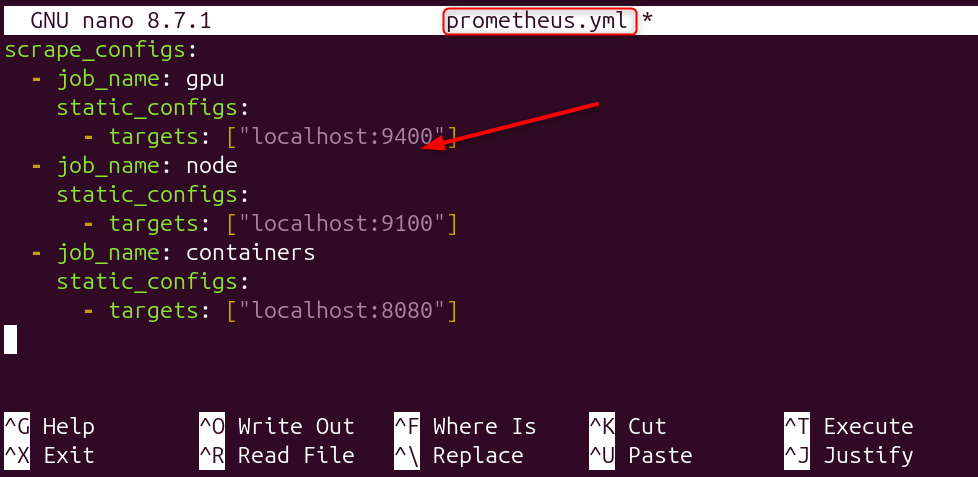 Configuration of Prometheus scrape targets in the prometheus.yml file, specifying jobs for GPU, node, and containers with their respective localhost ports.